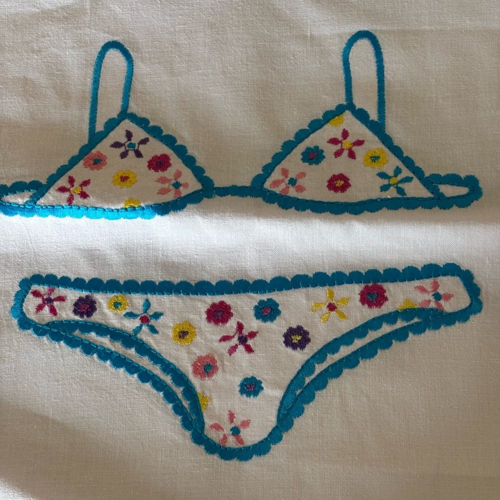 White Bikini Drawstring Bag with Blue and Pink Accents - Picture 4 of 9